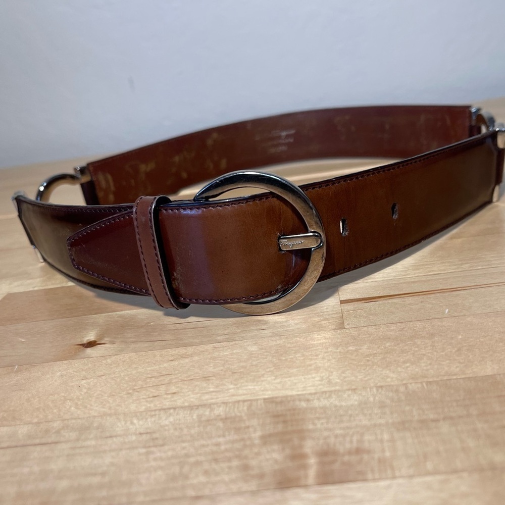 Vintage Salvatore Ferragamo Double Gancini Leather Belt Brown Silver Buckle